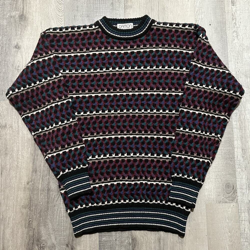 VTG Damon Textured Knit Sweater Multicolor Striped 90s Men's Pull Over Sweater